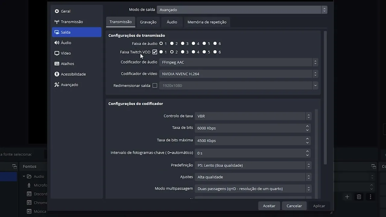 Definições de saída do OBS Studio com a faixa Twitch VOD ativada na faixa 2