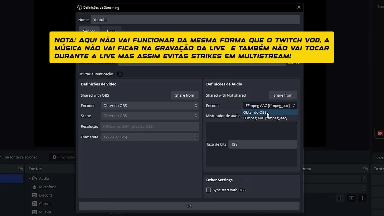 Definições de áudio do plugin de multistream com o encoder de áudio separado