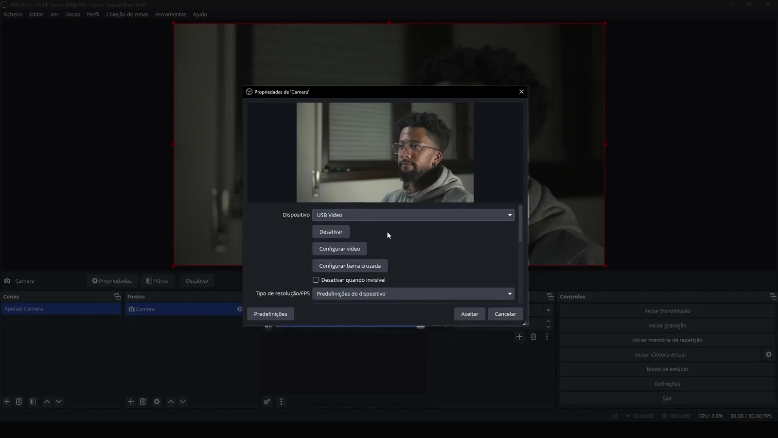 Janela de propriedades da câmara no OBS Studio com o dispositivo USB Video selecionado