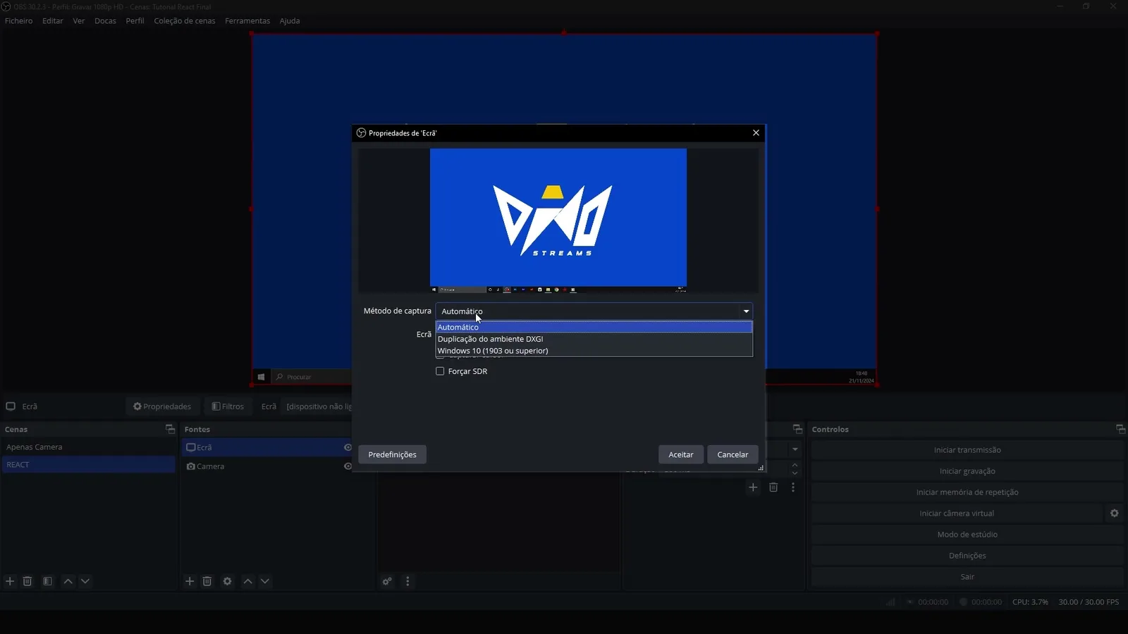Propriedades da captura de ecrã no OBS Studio com os métodos Automático e Windows 10 visíveis
