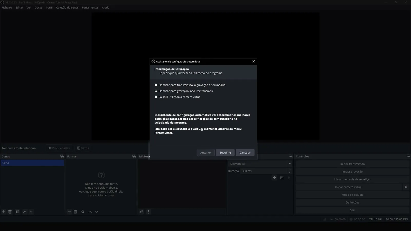 Assistente de configuração automática do OBS Studio com a opção de otimização para gravação