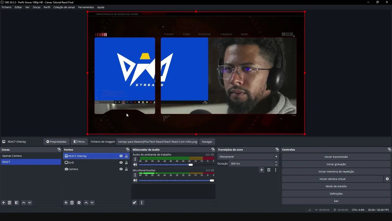 Overlay para Reacts inserido como fonte de imagem numa cena do OBS Studio