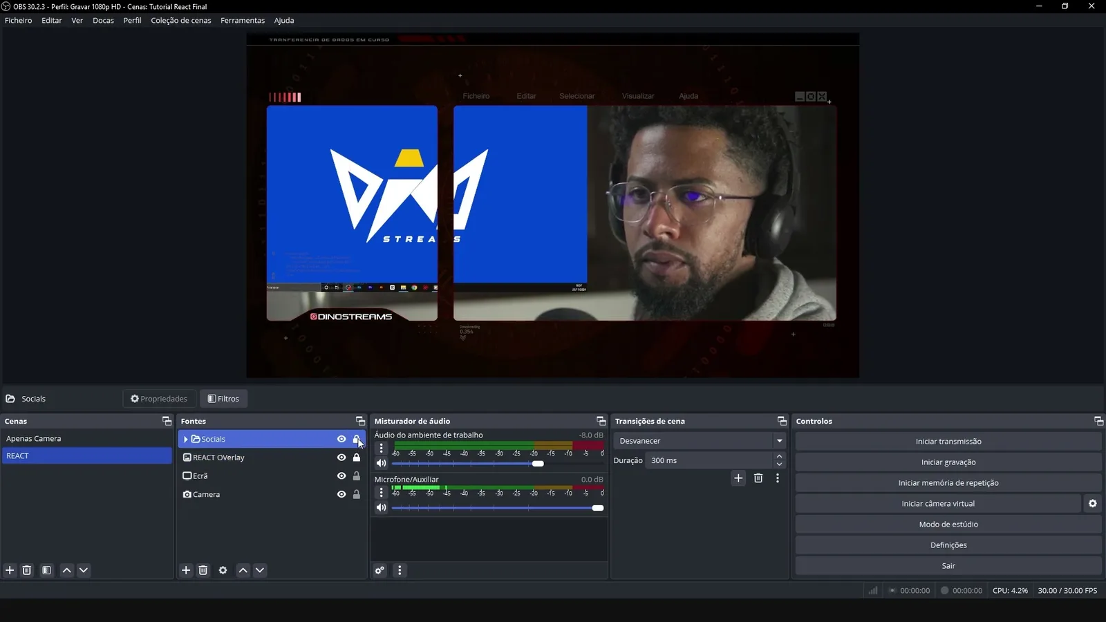Cena React personalizada no OBS Studio com overlay, captura de ecrã, câmara e nome da rede social