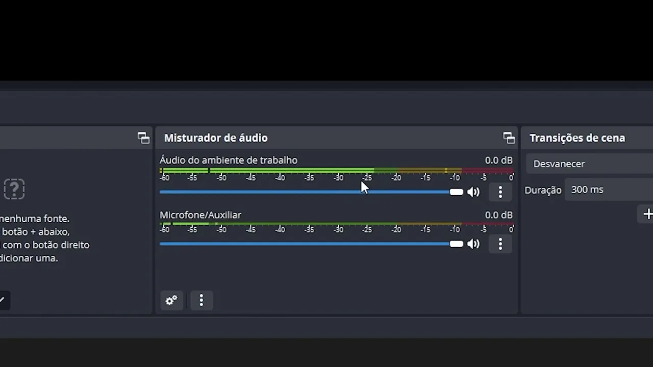 Menu de fontes do OBS Studio com a opção Captura de áudio de aplicações