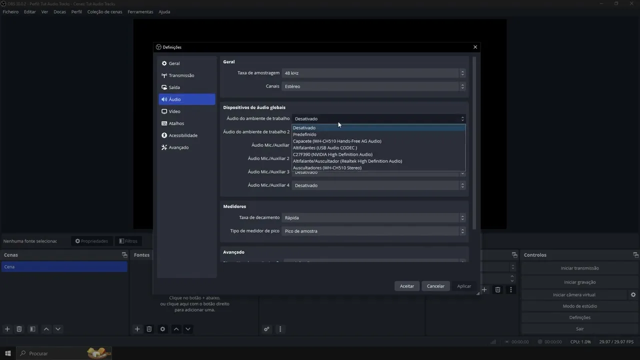 Definições de áudio do OBS Studio com os dispositivos globais de áudio