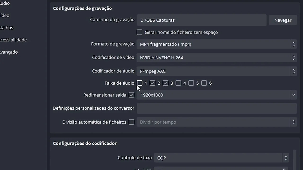 Definições de gravação do OBS Studio com as faixas de áudio 2 e 3 selecionadas