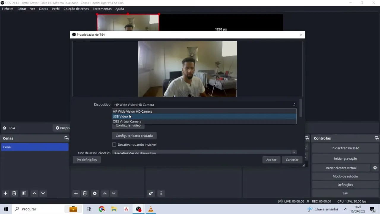 Propriedades da fonte PS4 no OBS Studio com o dispositivo USB Video selecionado