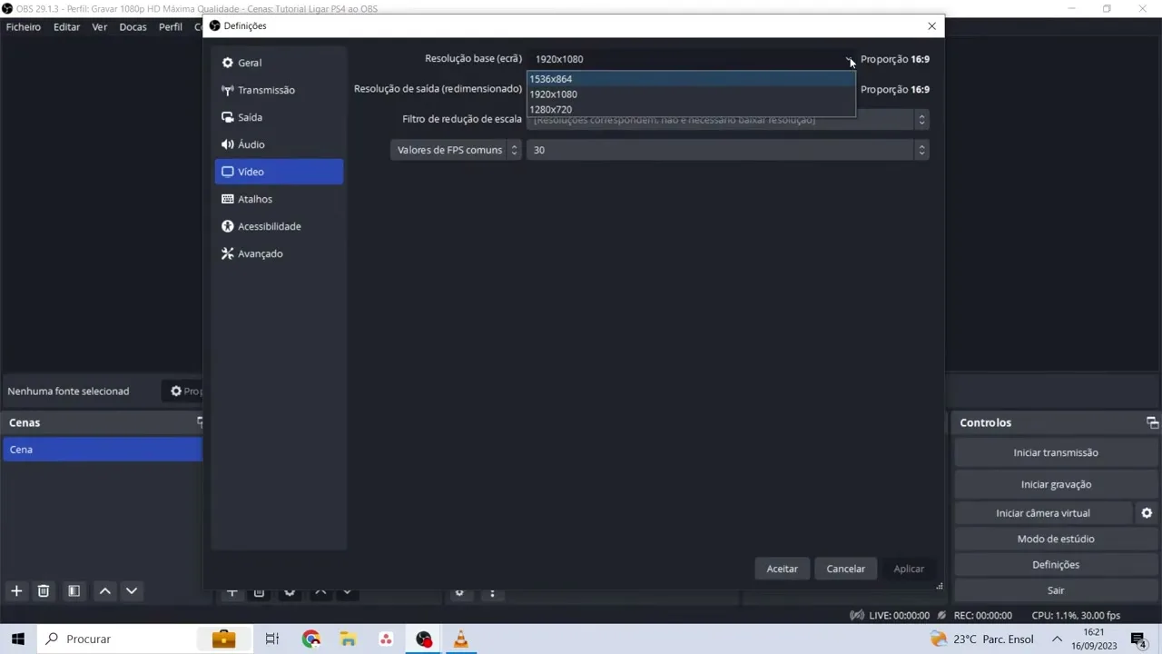 Definições de vídeo do OBS Studio com as resoluções base e de saída em 1920 por 1080