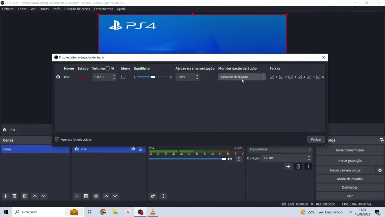 Misturador de áudio do OBS Studio com a fonte PS4 a receber som