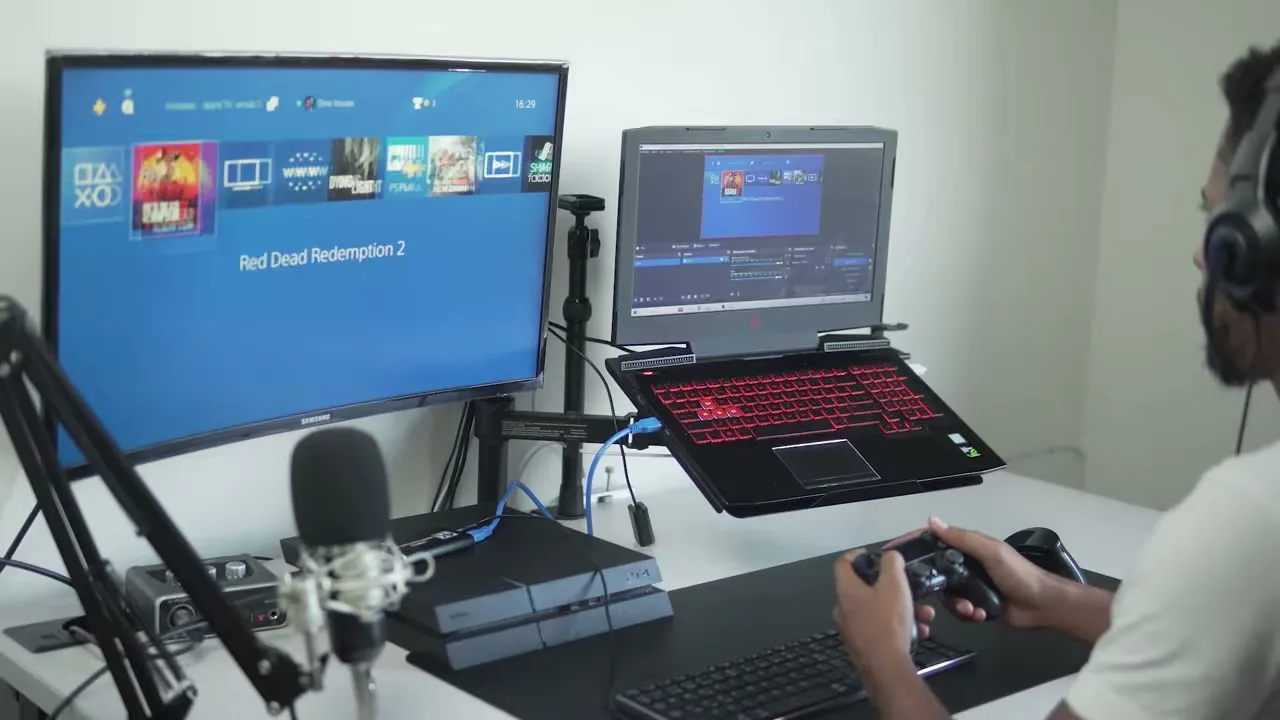 Gameplay da PS4 na televisão e no OBS Studio durante o teste final